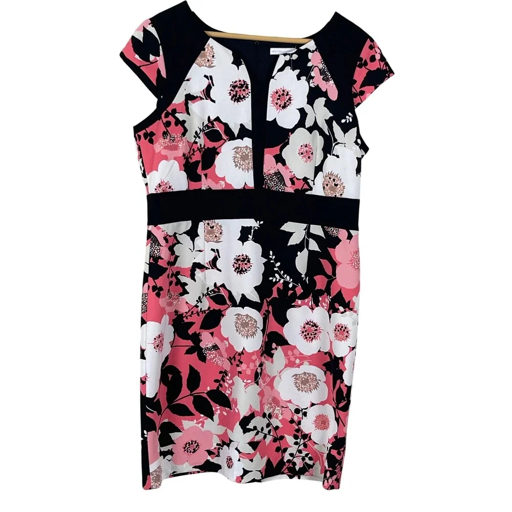 New York & Company Pink Black Women Sheath Dress 16 Floral Cap Sleeve Colorblock
